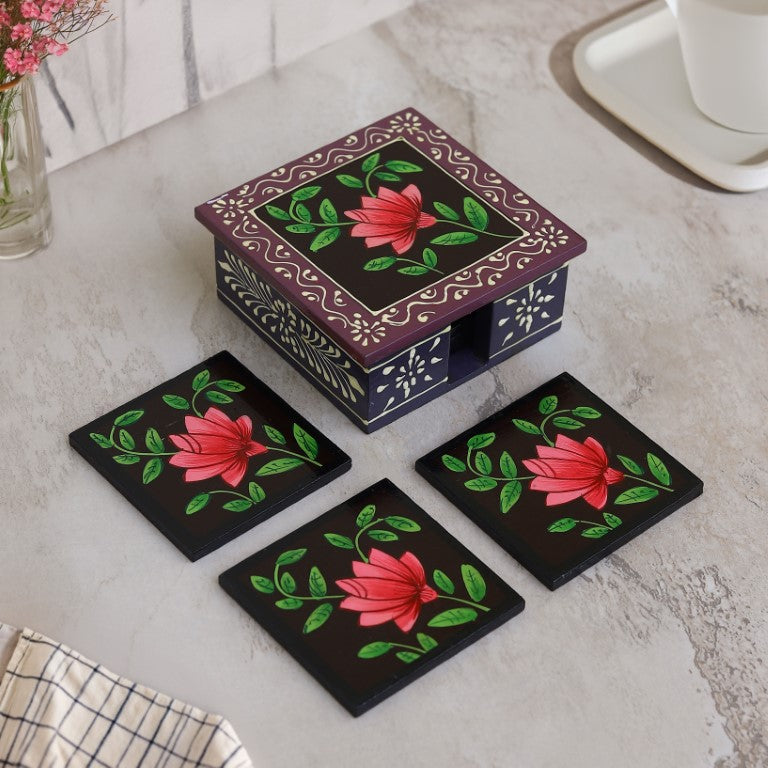 flower printed wooden tea coaster set