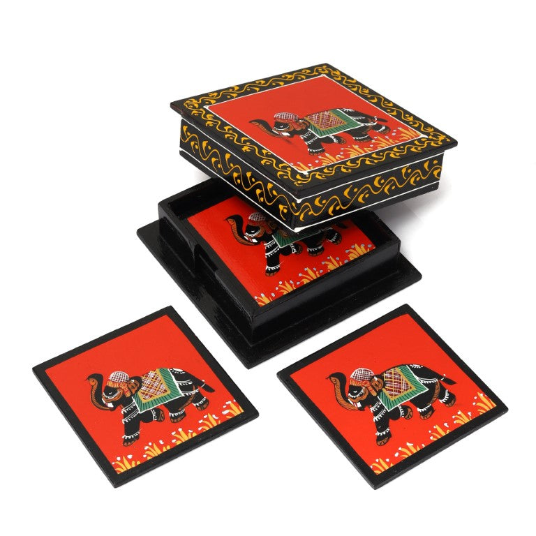 Elephant printed wooden tea coaster set