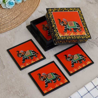 Elephant printed wooden tea coaster set