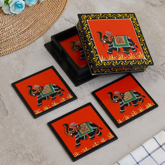 Elephant printed wooden tea coaster set