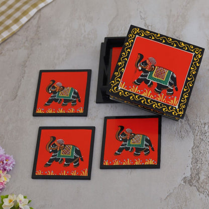 Elephant printed wooden tea coaster set