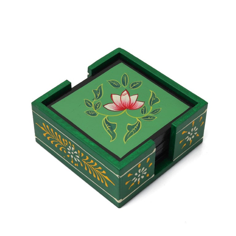 flower printed wooden tea coaster set