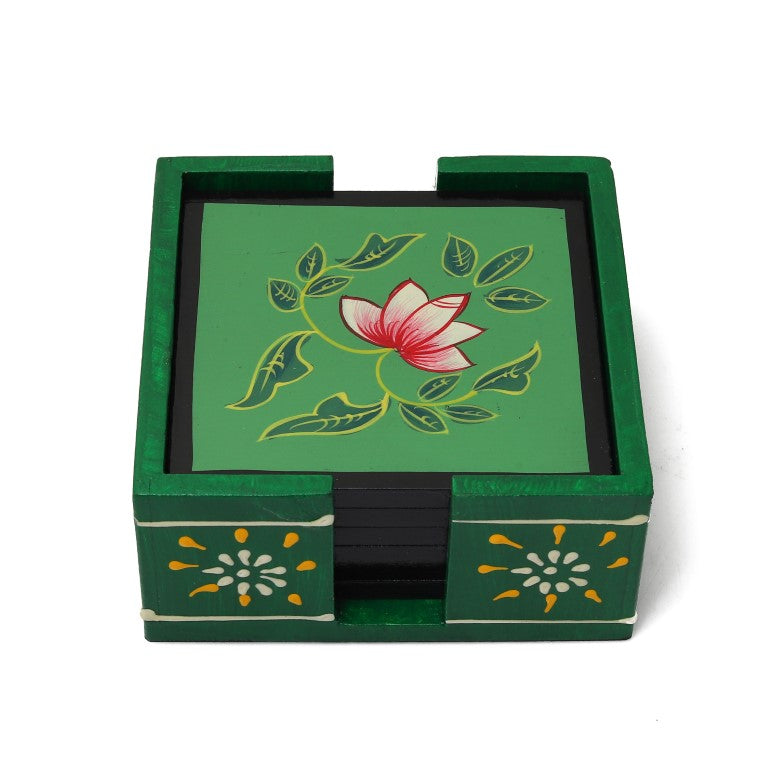 flower printed wooden tea coaster set