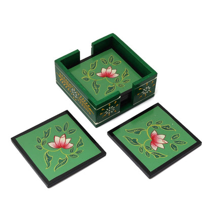 flower printed wooden tea coaster set