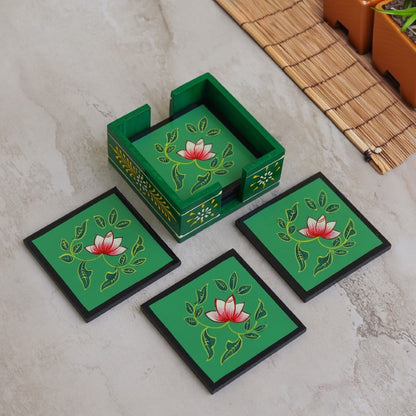 flower printed wooden tea coaster set