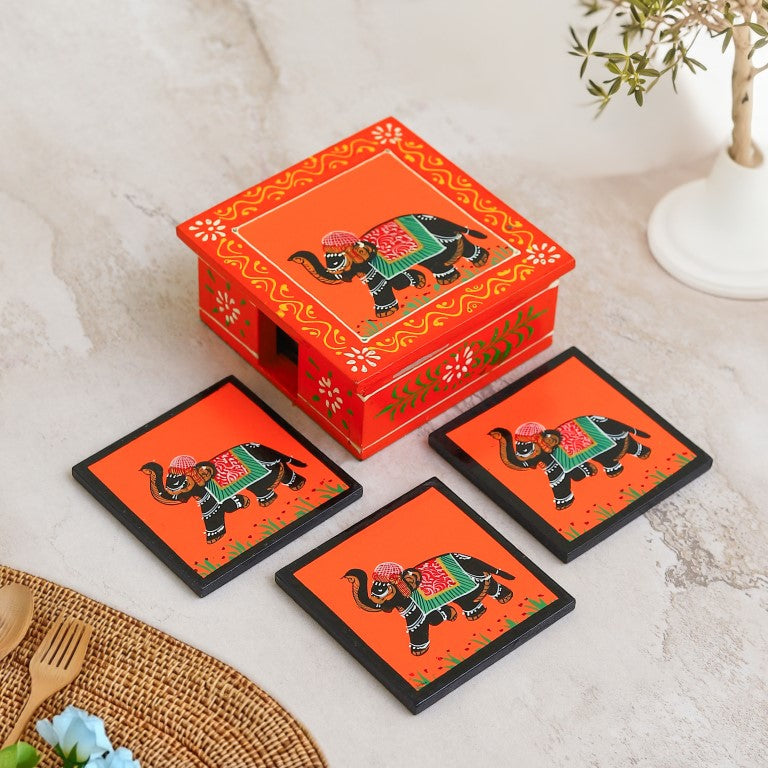 Elephant printed wooden tea coaster set