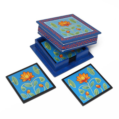 flower printed wooden tea coaster set