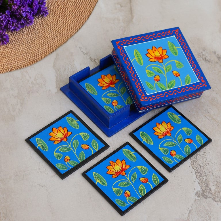 flower printed wooden tea coaster set