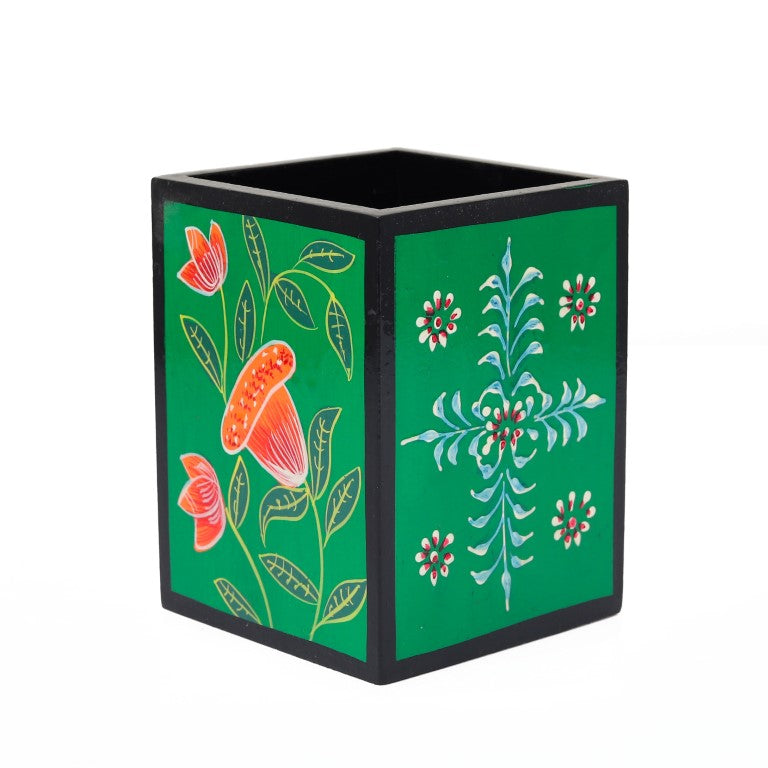 flower printed wooden pen holder