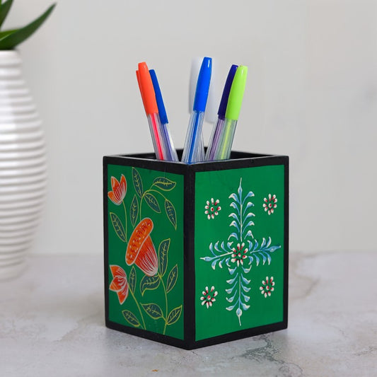 flower printed wooden pen holder