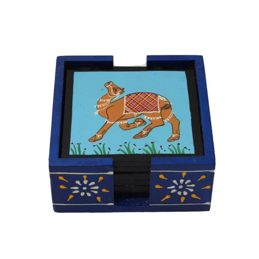 Elephant printed wooden tea coaster set