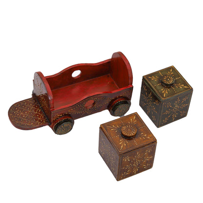 Handpainted Wooden Dry Fruit Box Set with Tray on Wheels