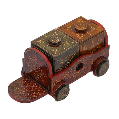 Handpainted Wooden Dry Fruit Box Set with Tray on Wheels
