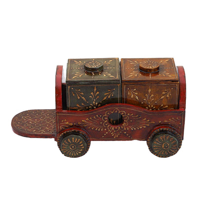 Handpainted Wooden Dry Fruit Box Set with Tray on Wheels