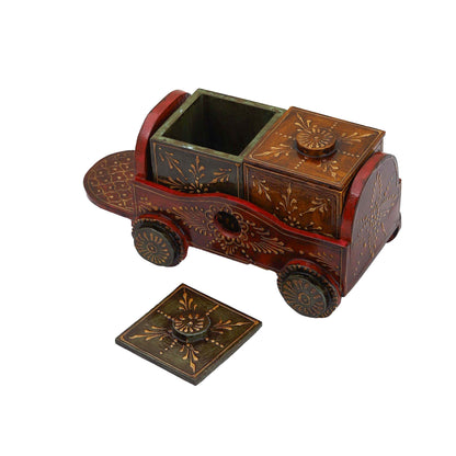 Handpainted Wooden Dry Fruit Box Set with Tray on Wheels