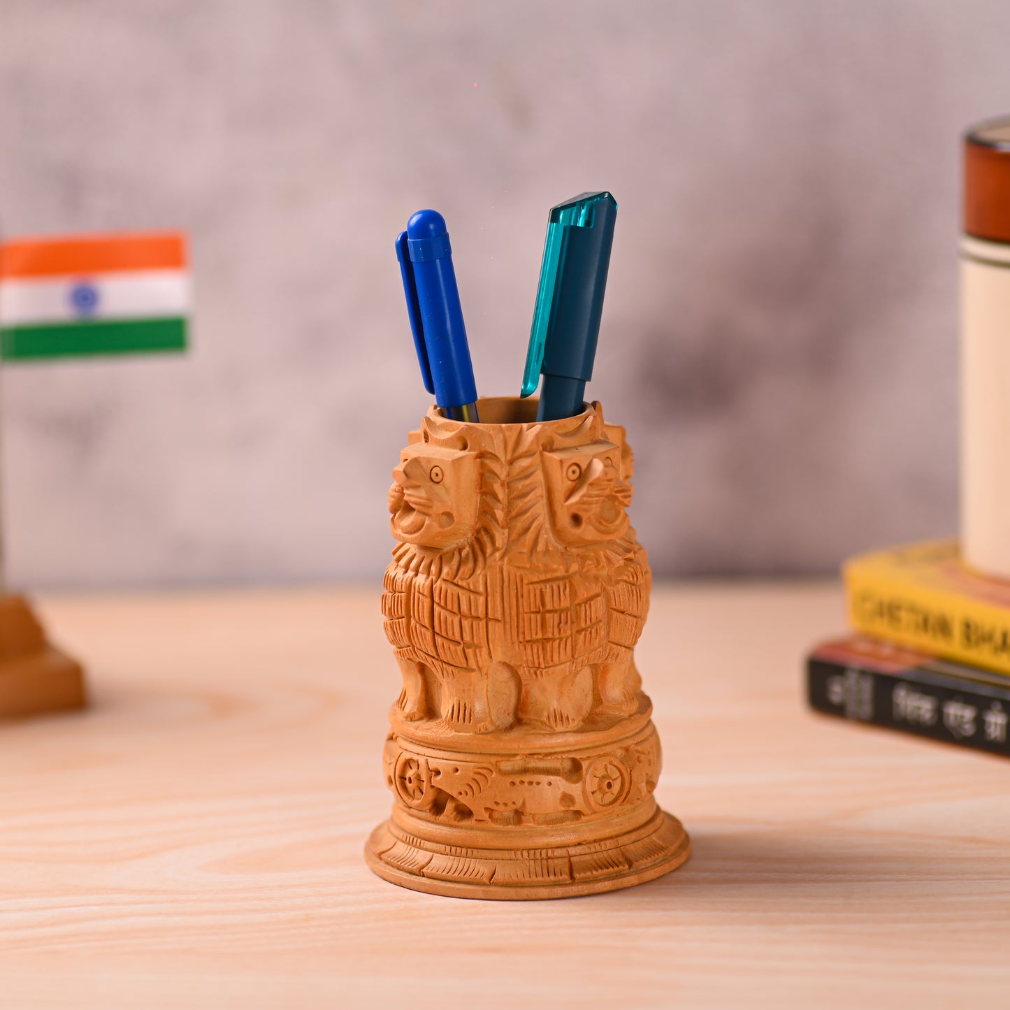 Ashoka Stambh Wooden Pen Stand – 6 Inch Premium Desk Organizer | Ideal Gift for Clients, Teachers, Friends & Office Use