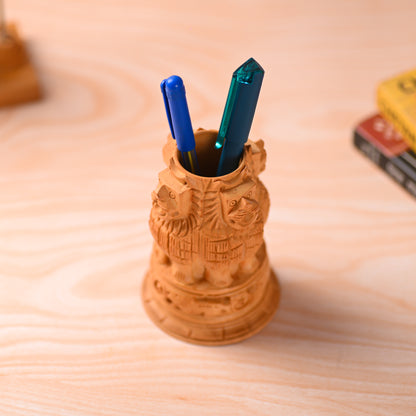 Ashoka Stambh Wooden Pen Stand – 6 Inch Premium Desk Organizer | Ideal Gift for Clients, Teachers, Friends & Office Use