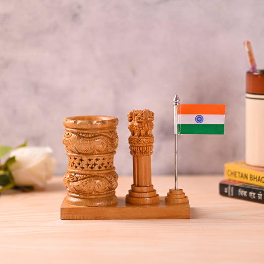 Wooden Color Pen Stand Ashok Stambh & Flag for Child Desk, Office Use and Gifts