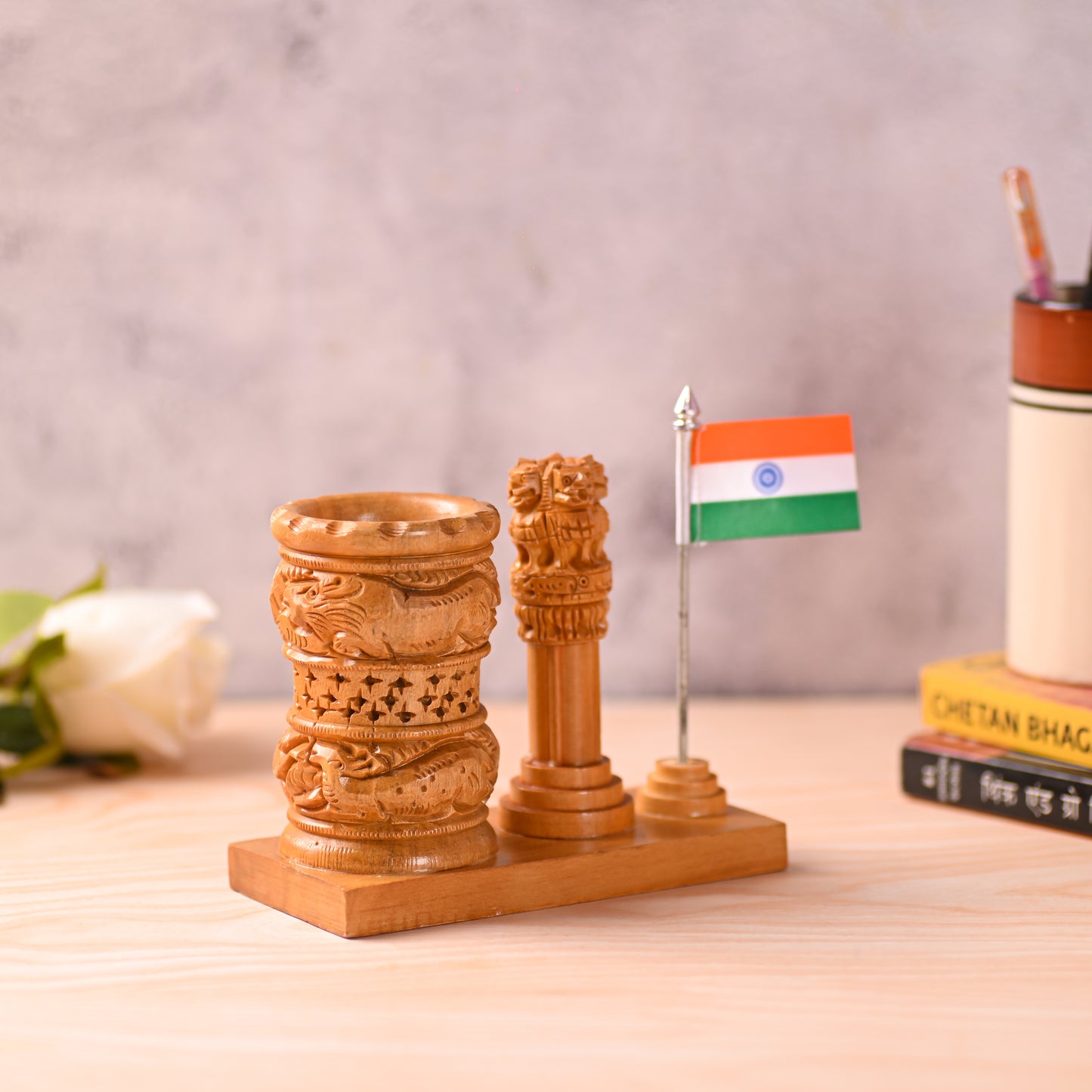 Wooden Color Pen Stand Ashok Stambh & Flag for Child Desk, Office Use and Gifts