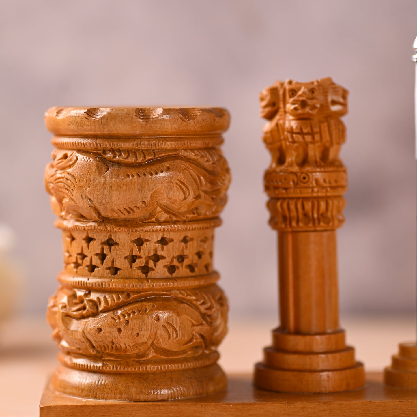 Wooden Color Pen Stand Ashok Stambh & Flag for Child Desk, Office Use and Gifts