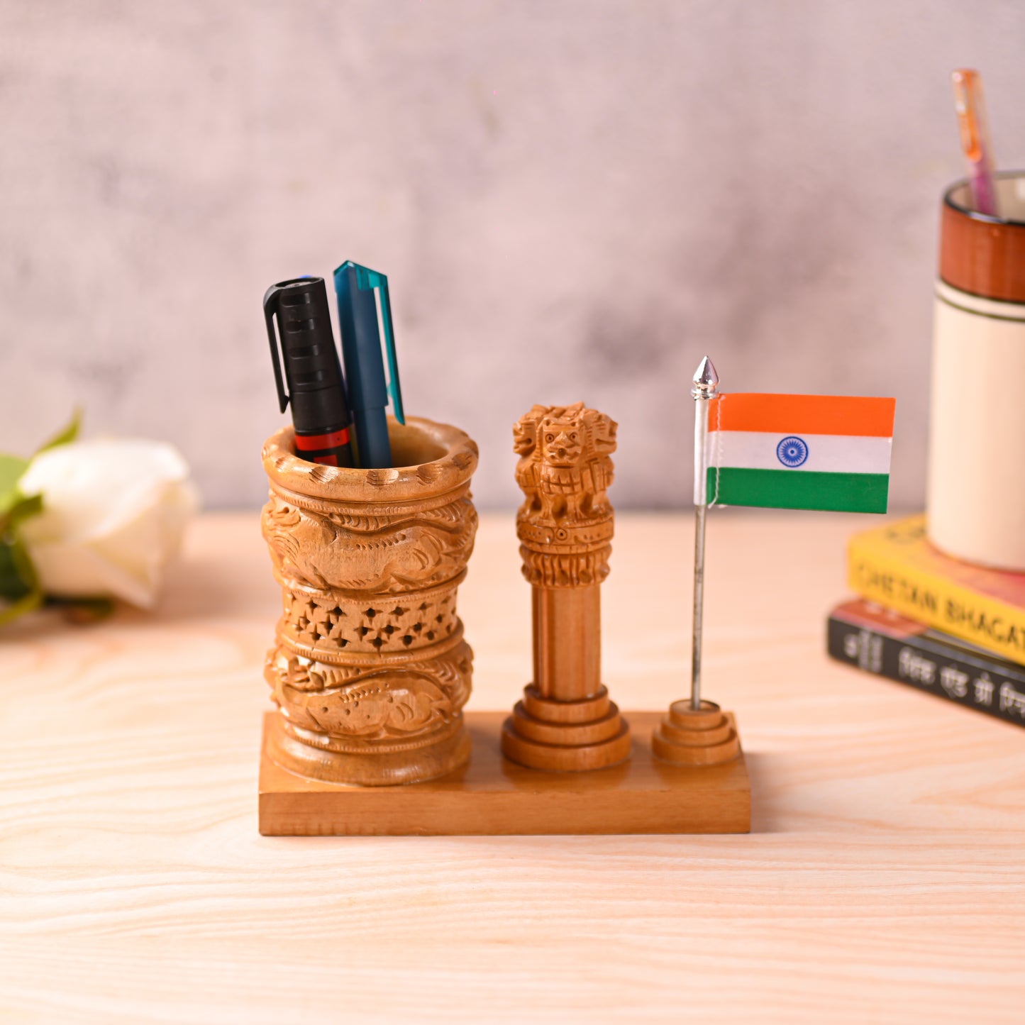 Wooden Color Pen Stand Ashok Stambh & Flag for Child Desk, Office Use and Gifts