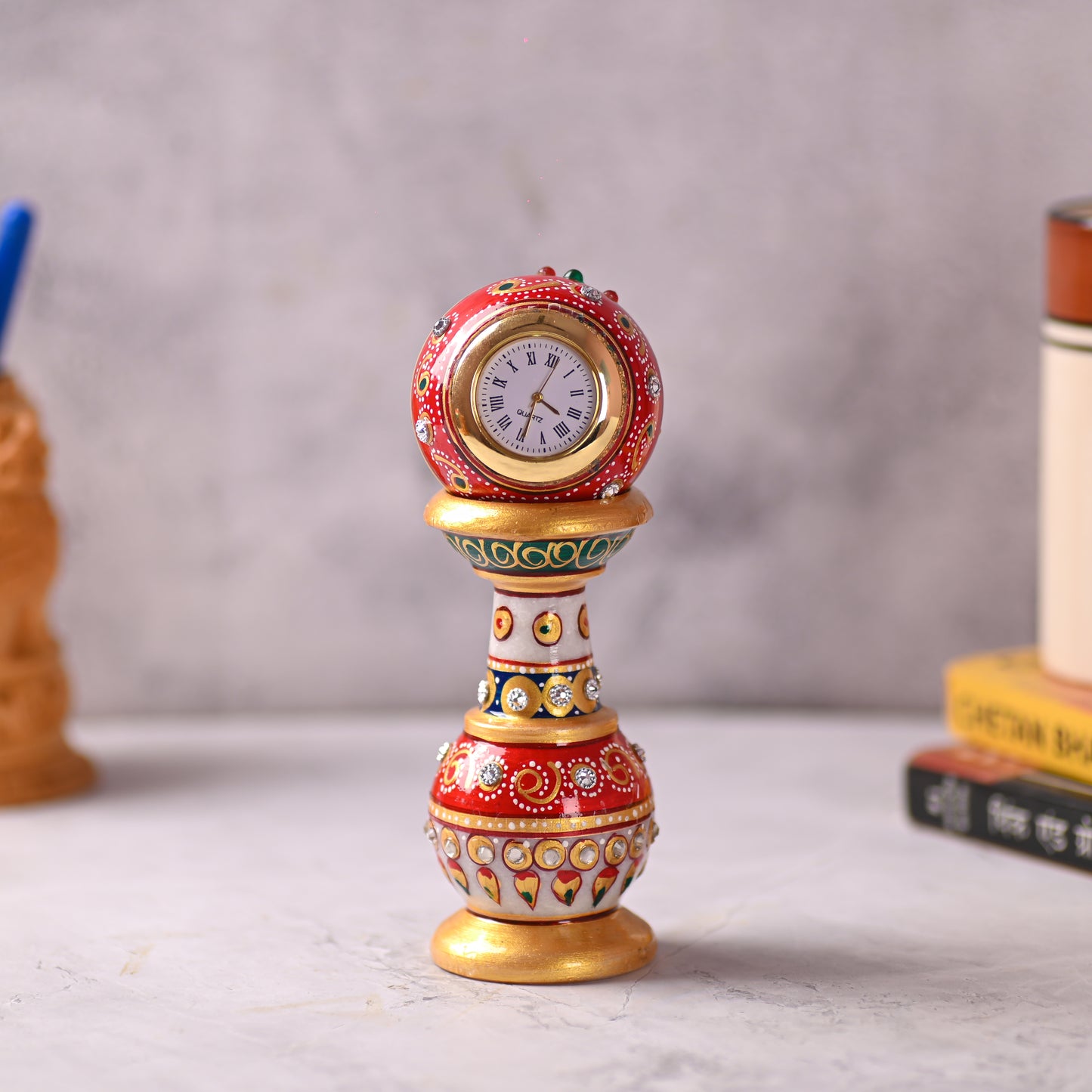 Handmade Ethnic Design Marble Table Clock for Home/Office | Pillar Watch
