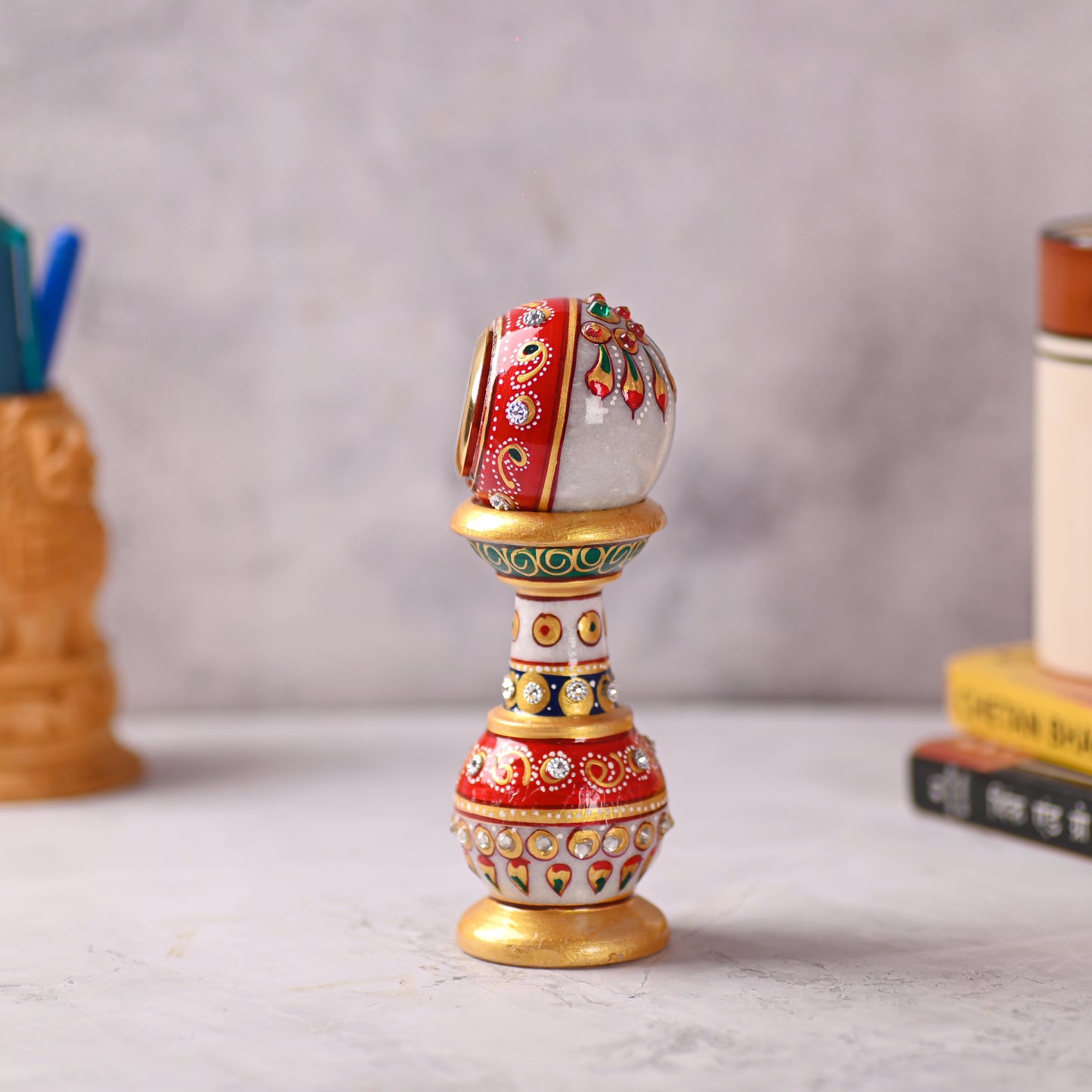 Handmade Ethnic Design Marble Table Clock for Home/Office | Pillar Watch