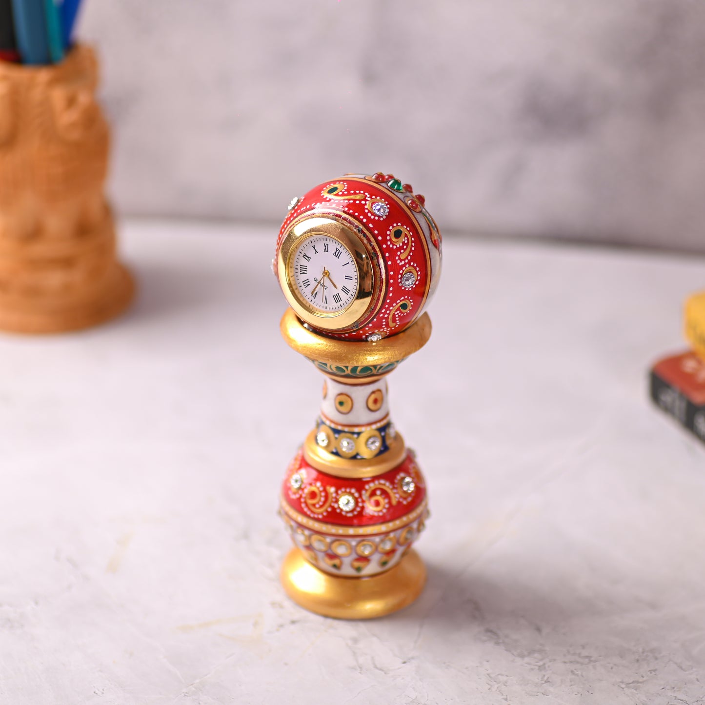 Handmade Ethnic Design Marble Table Clock for Home/Office | Pillar Watch