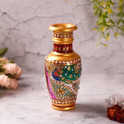 Decorative Marble Flower Vase | Round Shape Beautiful Peacock Style Handpainted Work Showpiece Vases for Home Decoration