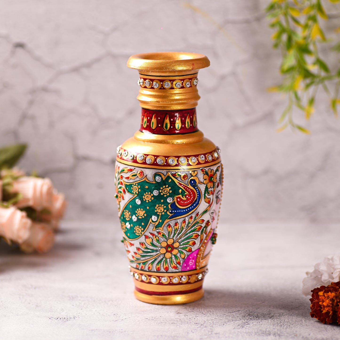 Decorative Marble Flower Vase | Round Shape Beautiful Peacock Style Handpainted Work Showpiece Vases for Home Decoration