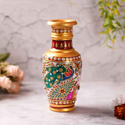 Decorative Marble Flower Vase | Round Shape Beautiful Peacock Style Handpainted Work Showpiece Vases for Home Decoration
