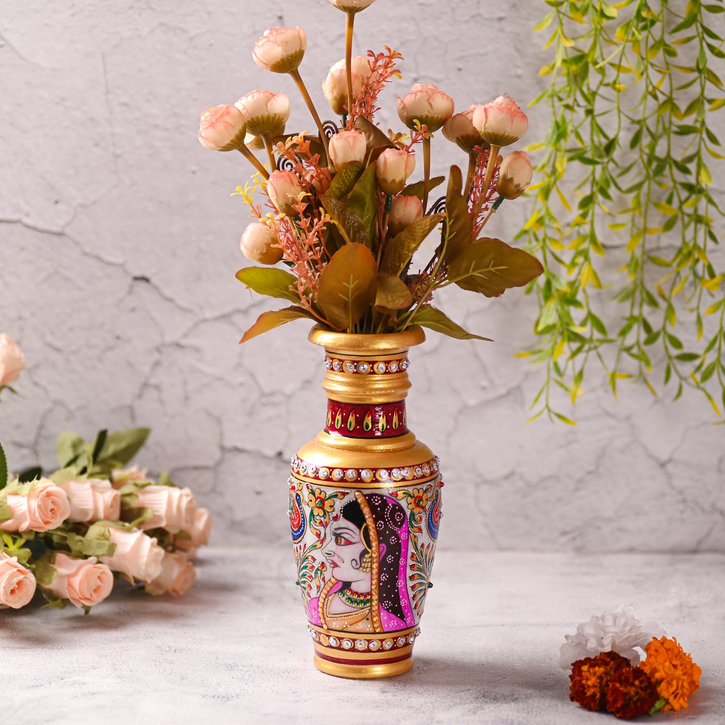 Decorative Marble Flower Vase | Round Shape Beautiful Peacock Style Handpainted Work Showpiece Vases for Home Decoration