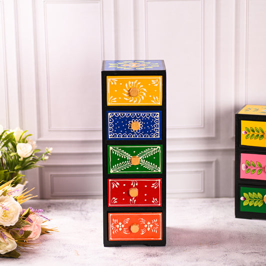 Home Decor Handcrafted Decorative Triangular Wooden Closet with 5 Drawers for Jewellery Multi Storage - (Multicolor) Hand Painting