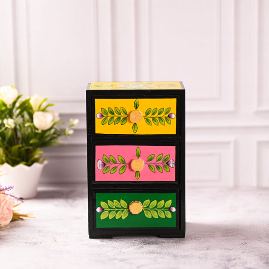 Home Decor Handcrafted Decorative Triangular Wooden Closet with 3 Drawers for Jewellery Multi Storage - (Multicolor) Hand Painting