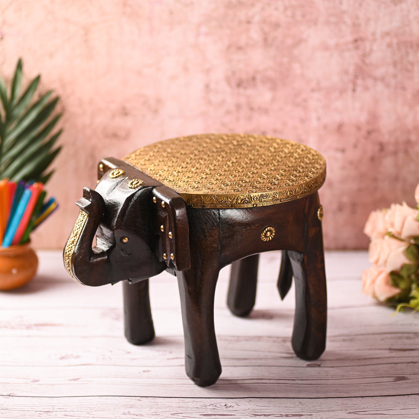 Wooden Brass Fitted Elephant Stool 8" Home Decorative Footstool Decorative Showpiece