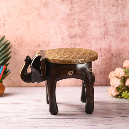 Wooden Brass Fitted Elephant Stool 8" Home Decorative Footstool Decorative Showpiece