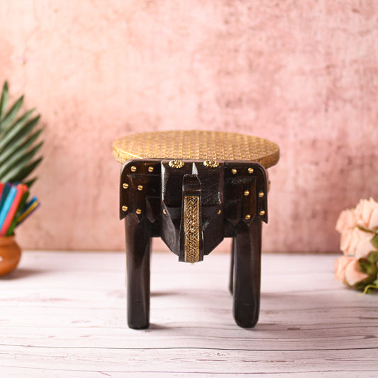 Wooden Brass Fitted Elephant Stool 8" Home Decorative Footstool Decorative Showpiece