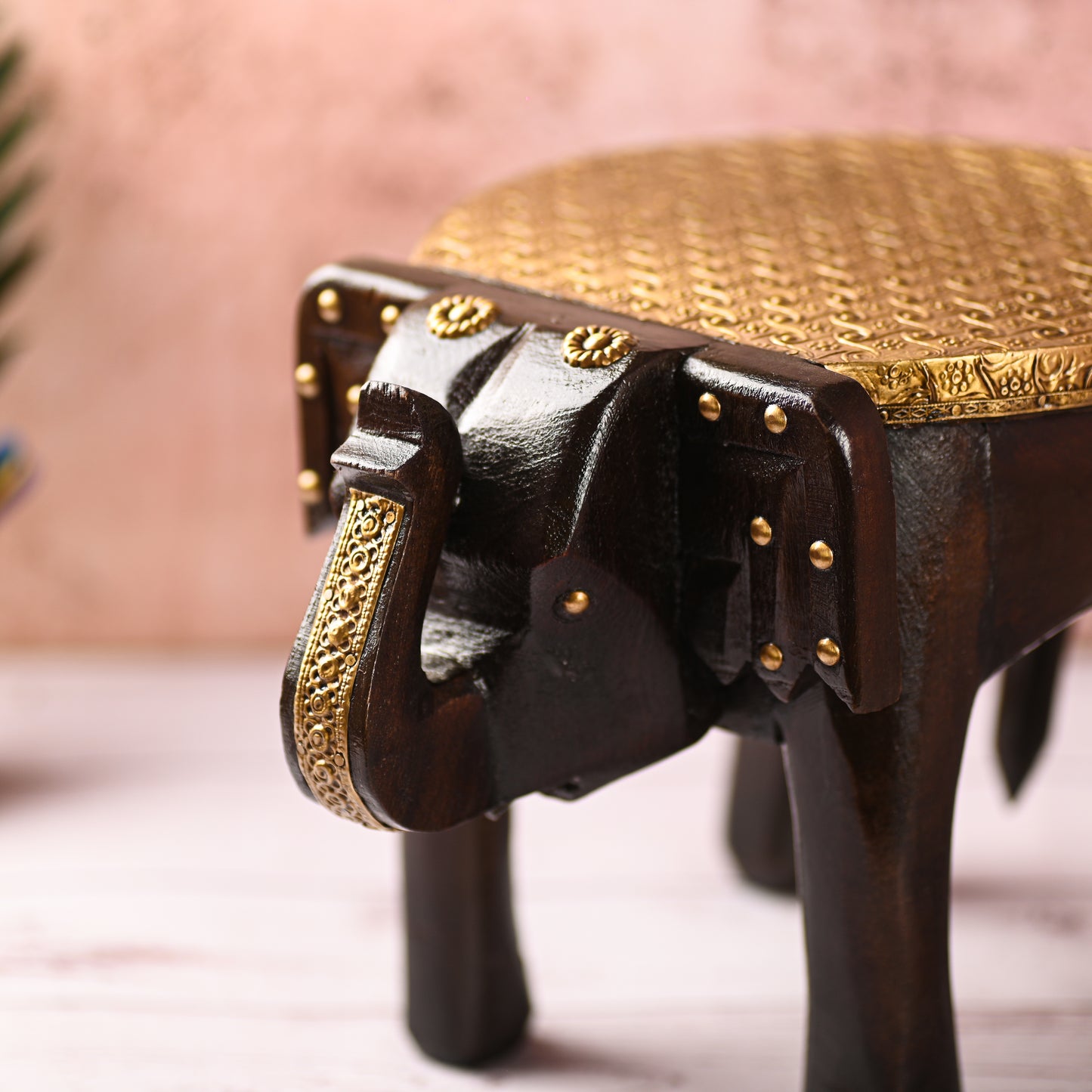 Wooden Brass Fitted Elephant Stool 8" Home Decorative Footstool Decorative Showpiece