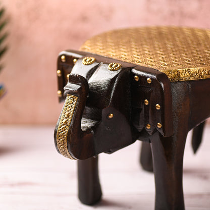 Wooden Brass Fitted Elephant Stool 8" Home Decorative Footstool Decorative Showpiece