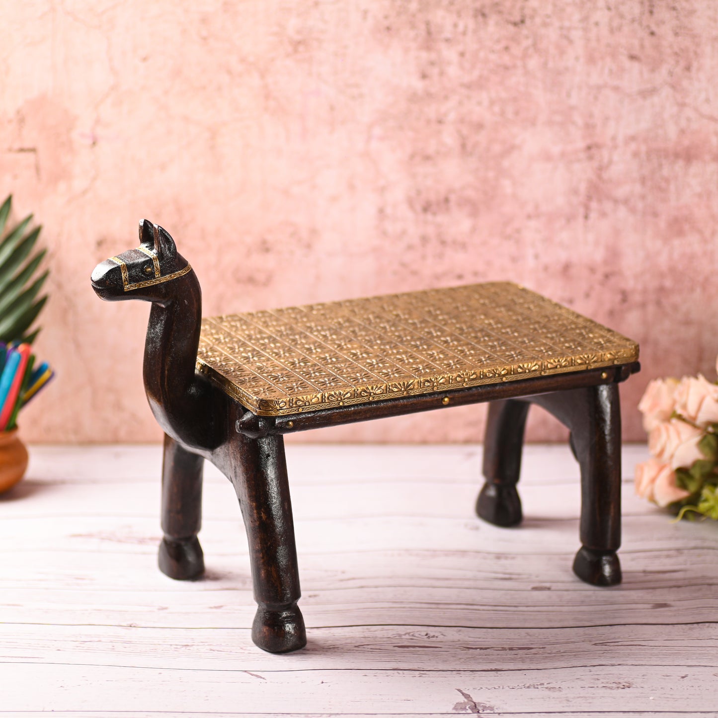 Wooden Camel Head Table/Brass Floral Fitting Stool/Indian Furniture/Wood Carved Side Table/Wood And Brass Work Bench/Folk Art