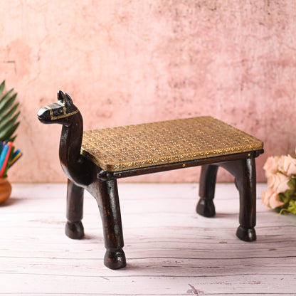 Wooden Camel Head Table/Brass Floral Fitting Stool/Indian Furniture/Wood Carved Side Table/Wood And Brass Work Bench/Folk Art