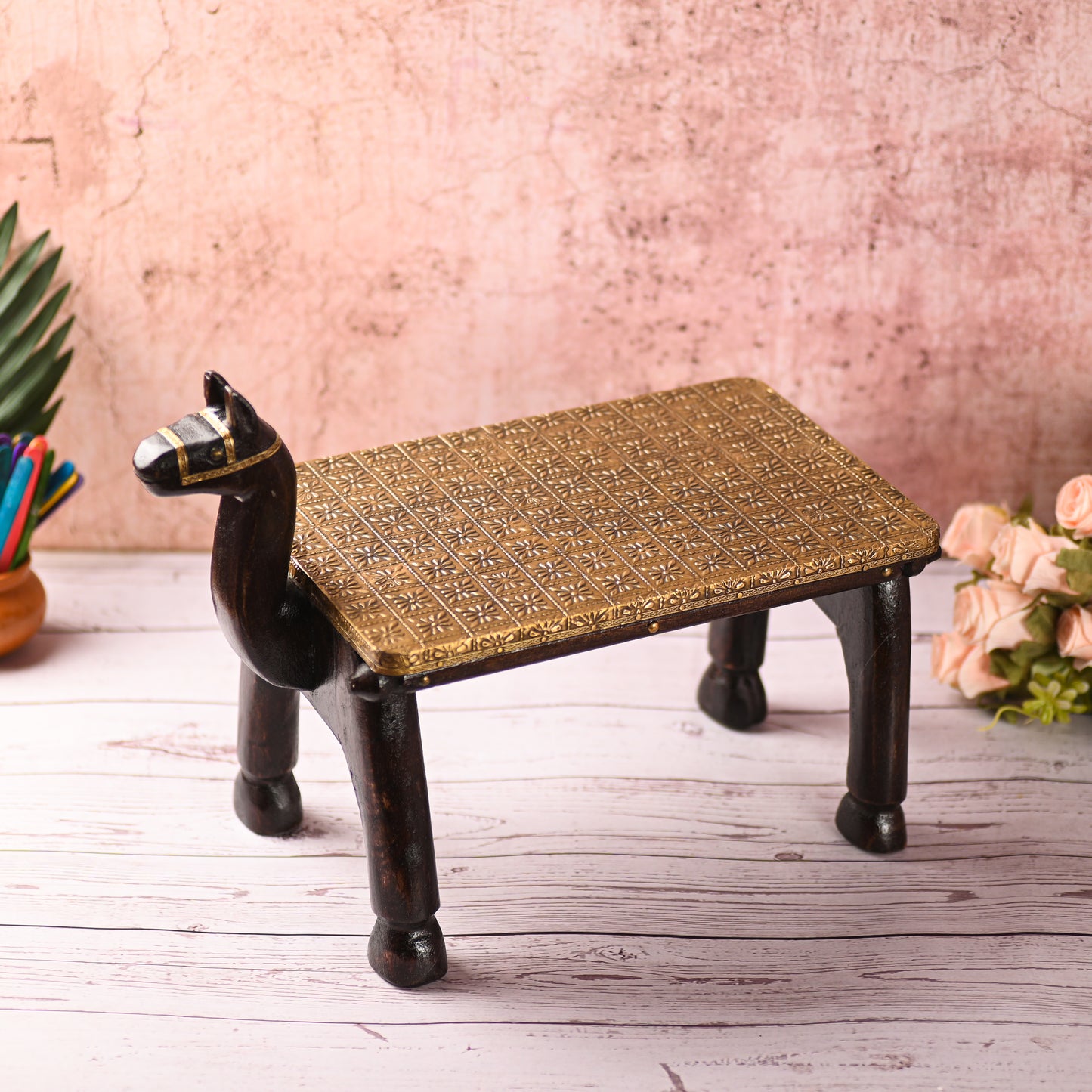 Wooden Camel Head Table/Brass Floral Fitting Stool/Indian Furniture/Wood Carved Side Table/Wood And Brass Work Bench/Folk Art