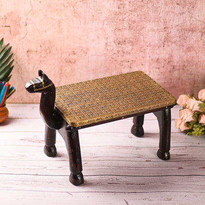 Wooden Camel Head Table/Brass Floral Fitting Stool/Indian Furniture/Wood Carved Side Table/Wood And Brass Work Bench/Folk Art