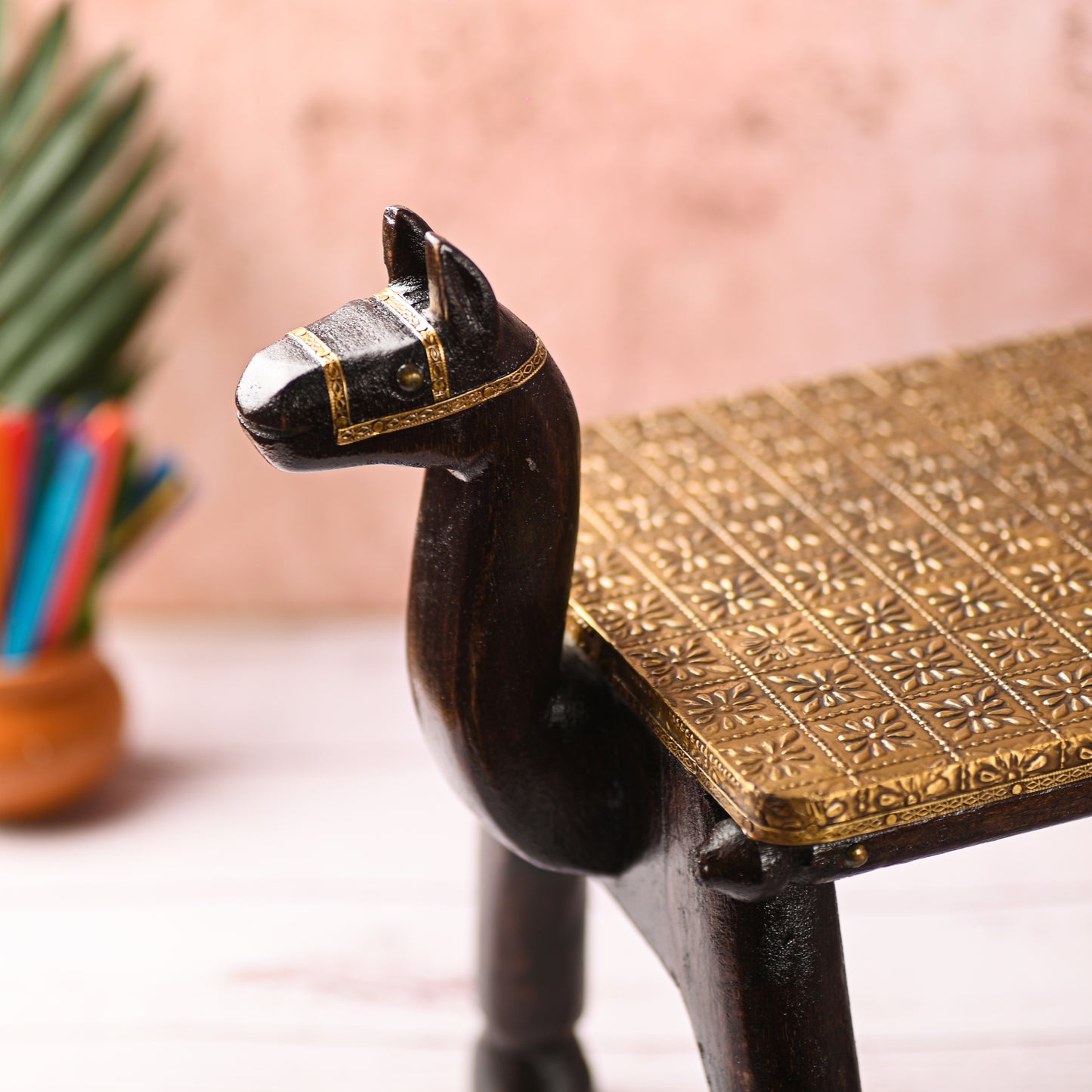 Wooden Camel Head Table/Brass Floral Fitting Stool/Indian Furniture/Wood Carved Side Table/Wood And Brass Work Bench/Folk Art