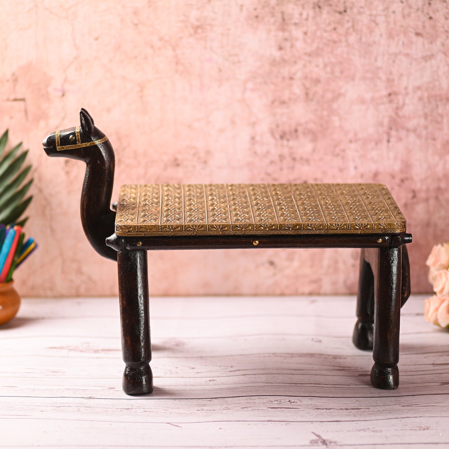 Wooden Camel Head Table/Brass Floral Fitting Stool/Indian Furniture/Wood Carved Side Table/Wood And Brass Work Bench/Folk Art