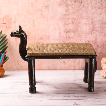 Wooden Camel Head Table/Brass Floral Fitting Stool/Indian Furniture/Wood Carved Side Table/Wood And Brass Work Bench/Folk Art