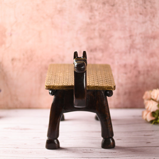 Wooden Camel Head Table/Brass Floral Fitting Stool/Indian Furniture/Wood Carved Side Table/Wood And Brass Work Bench/Folk Art