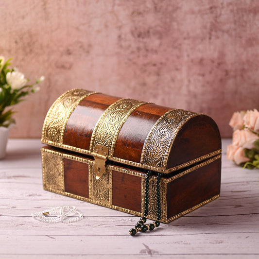 Wooden Jewellery Box for Women Jewel Organizer Square Carving with Brass Corner