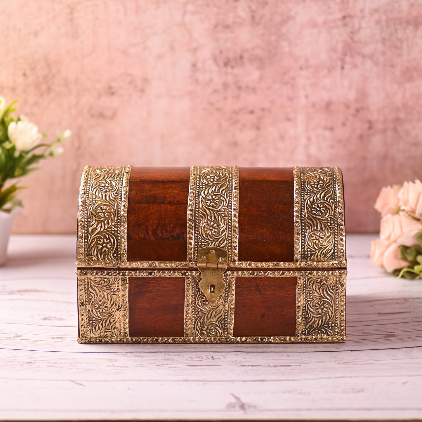 Wooden Jewellery Box for Women Jewel Organizer Square Carving with Brass Corner