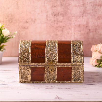 Wooden Jewellery Box for Women Jewel Organizer Square Carving with Brass Corner